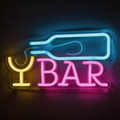 Open Wine Bottle with Wine Glass and "BAR" Text Neon Sign