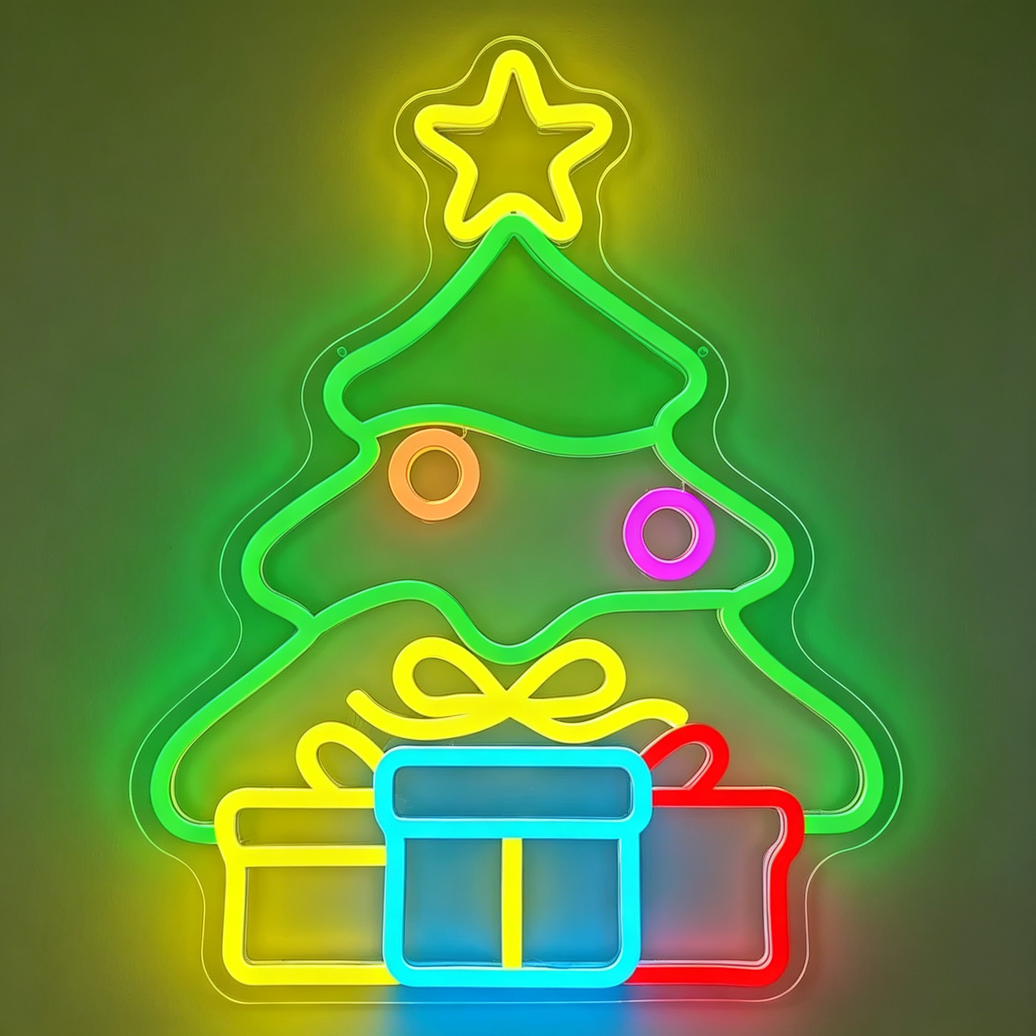 Christmas Tree with Stacked Gifts Underneath Neon Sign