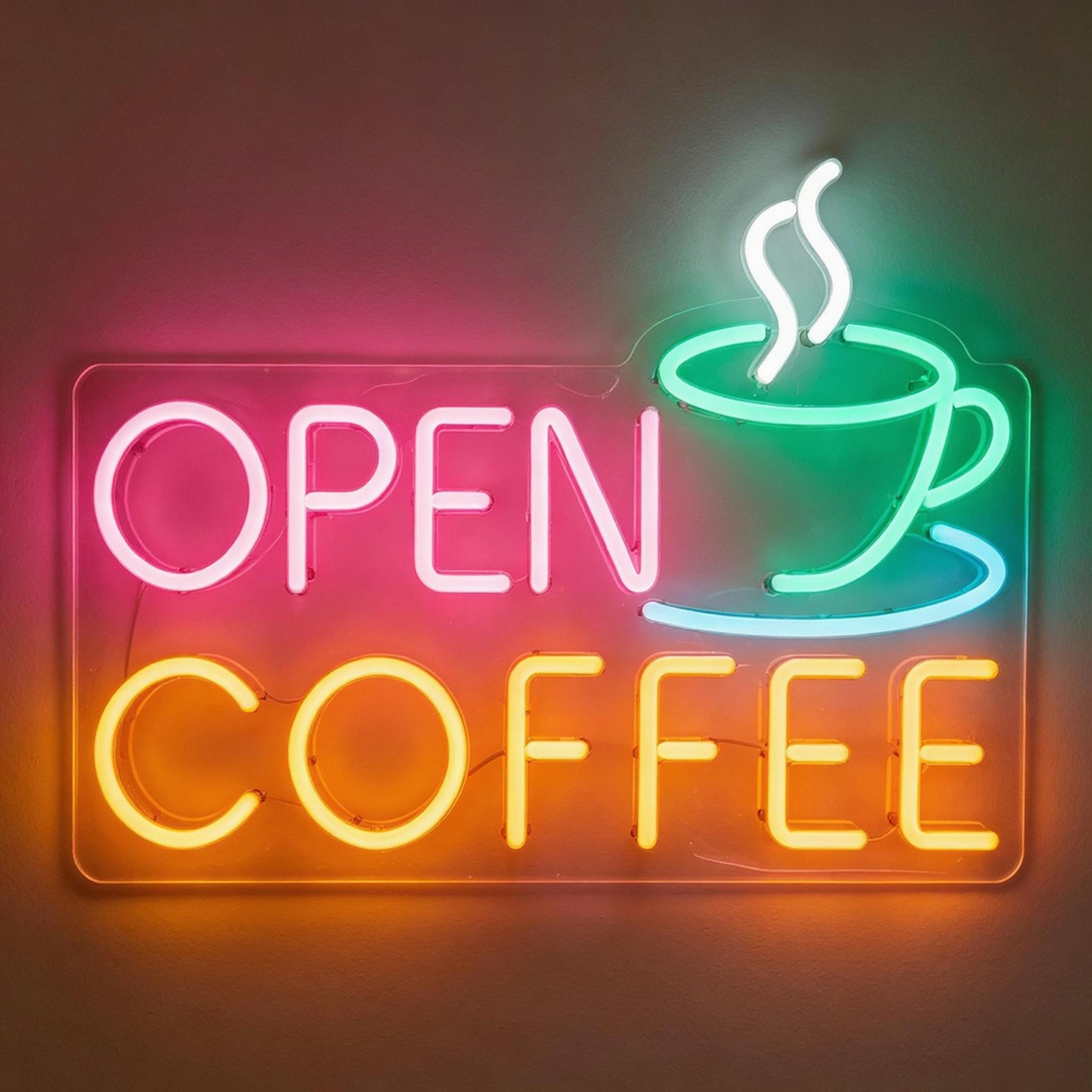 Open Coffee With Coffee Cup LED Neon Sign