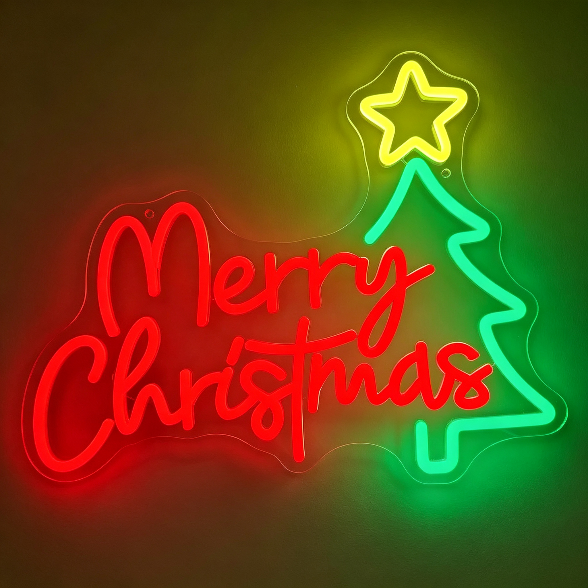 Merry Christmas Text with Stylized Tree on Right Neon Sign