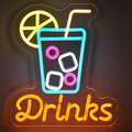 Iced Drink with Lemon Slice and "Drinks" Text Neon Sign