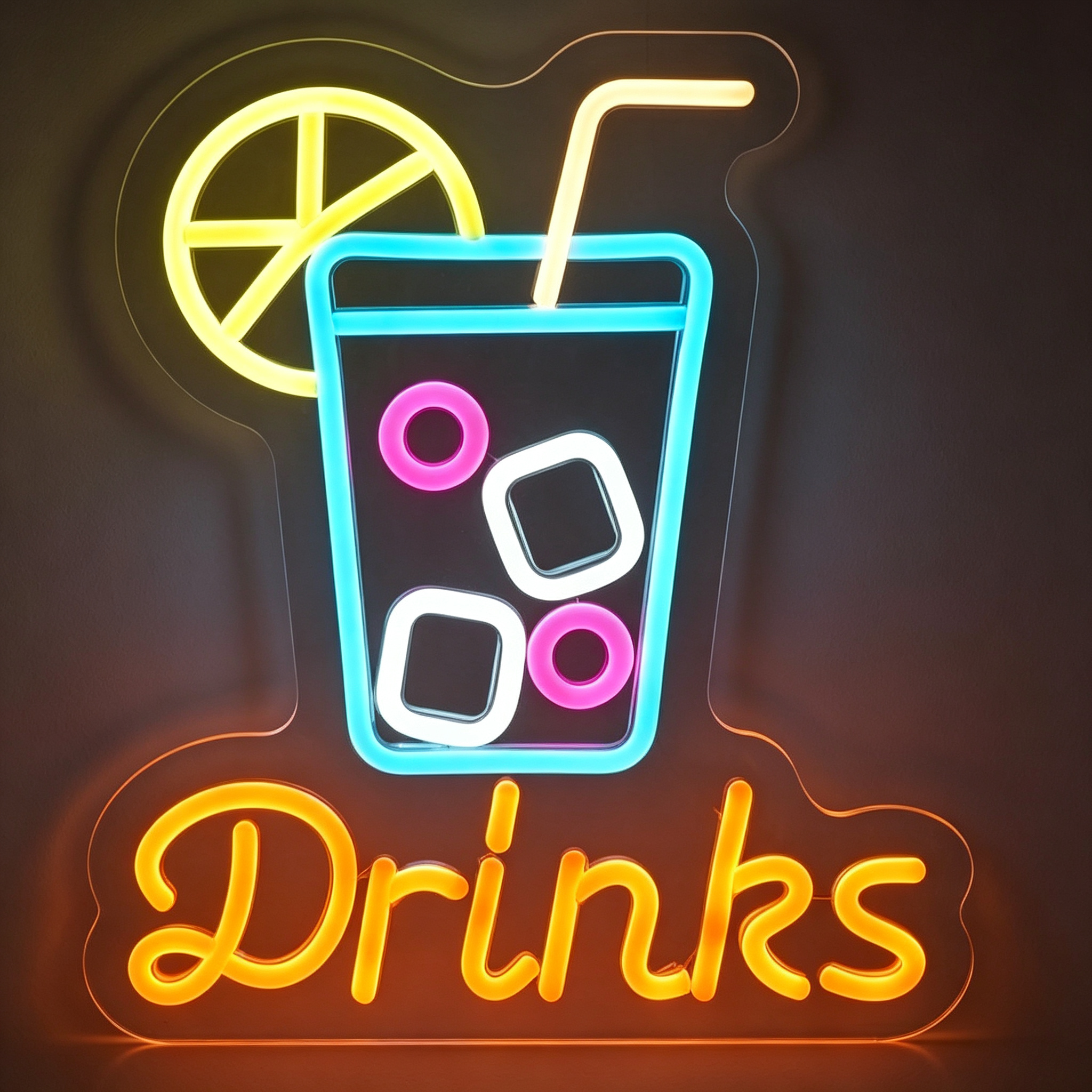 Iced Drink with Lemon Slice and "Drinks" Text Neon Sign