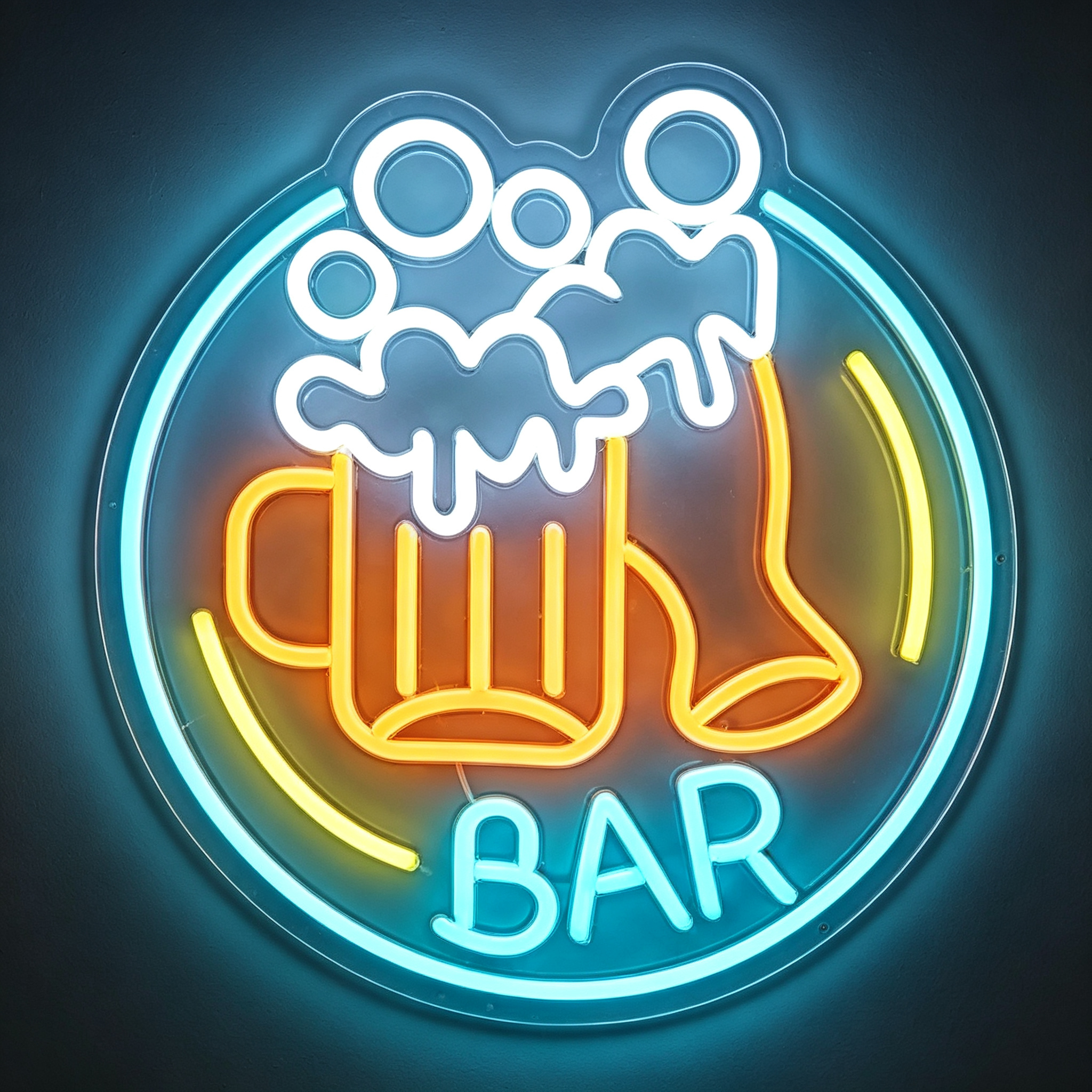 Bar Two Toasting Beer Mugs Circular Neon Sign
