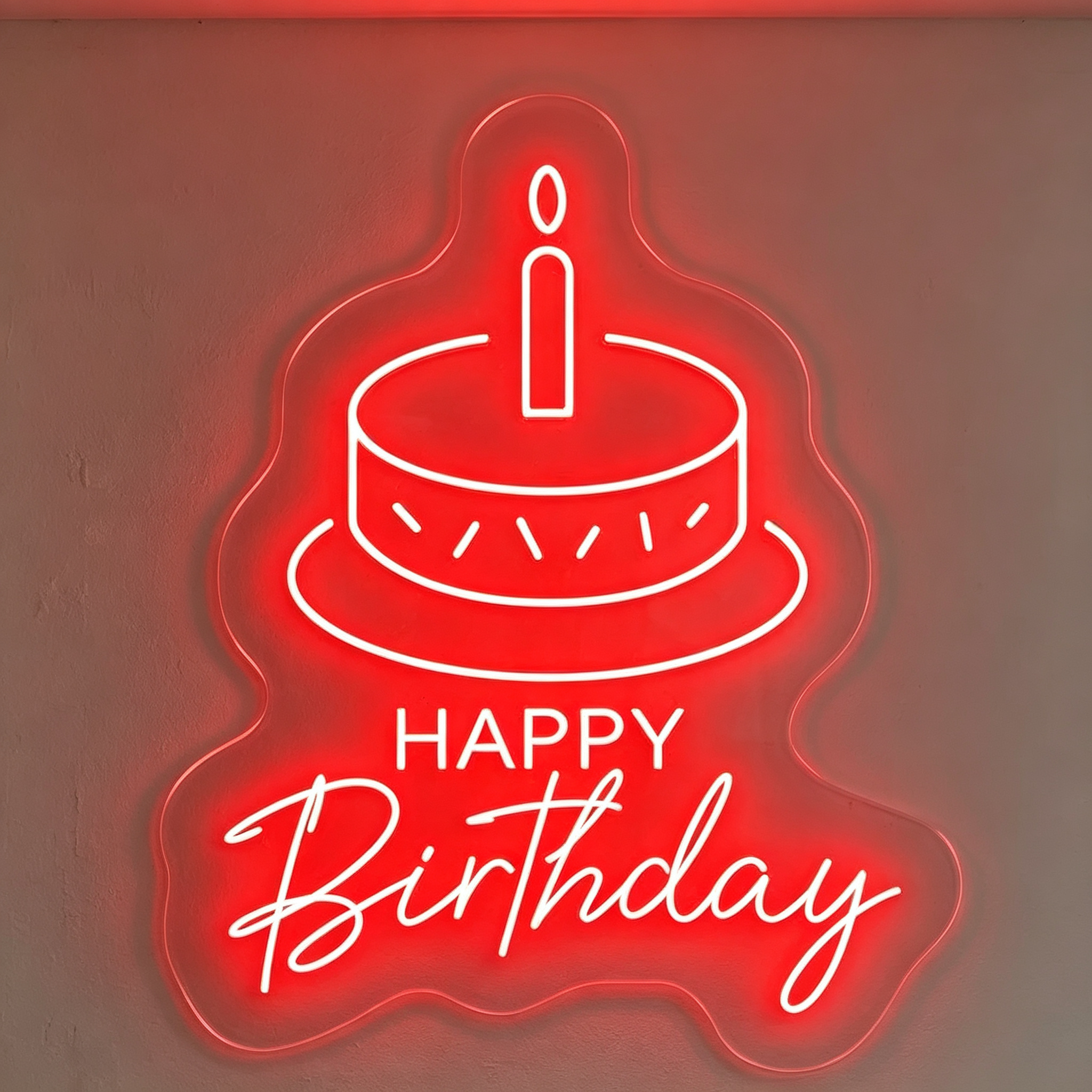 Single Tier Birthday Cake with Happy Birthday Neon Sign