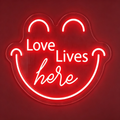 Love Lives Here Happy Face Shaped Neon Sign