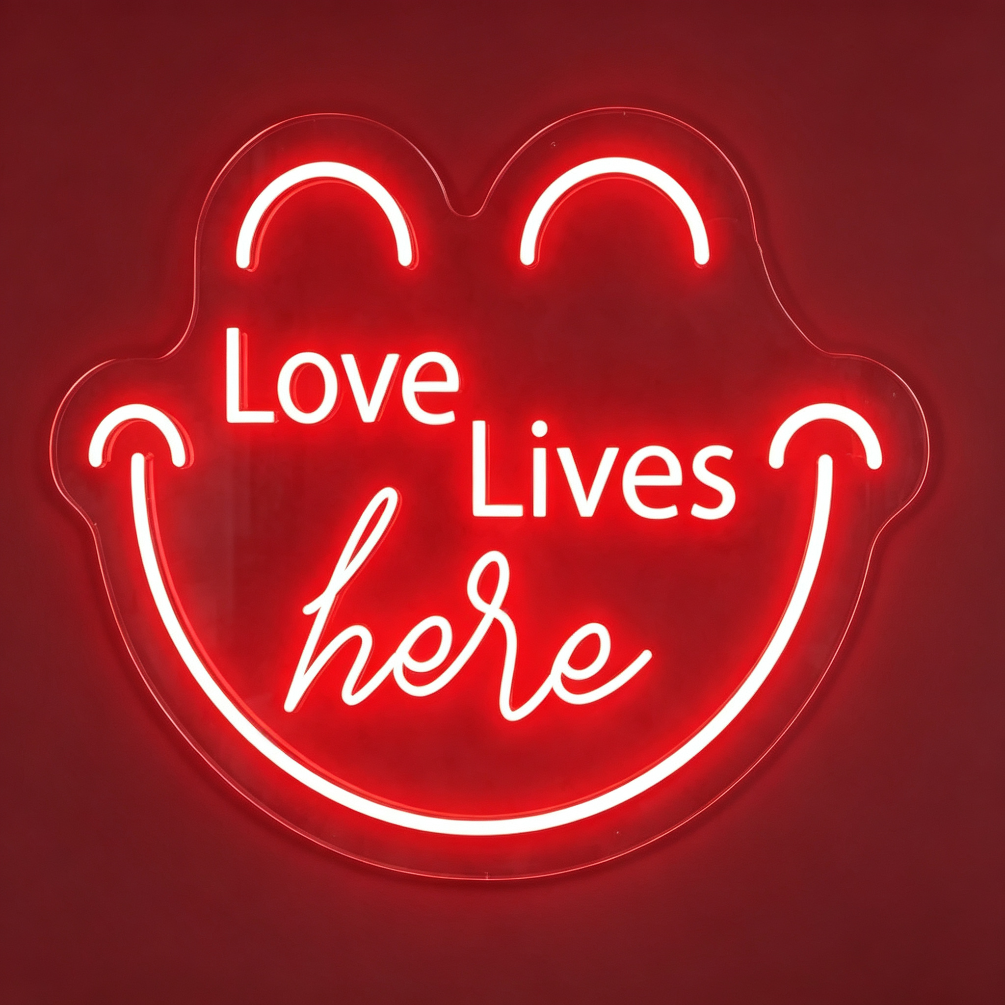 Love Lives Here Happy Face Shaped Neon Sign