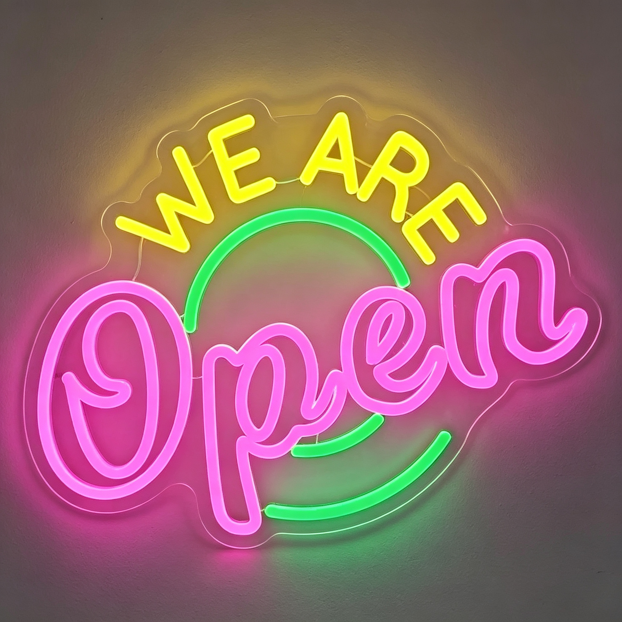 We Are Open Smiley Arc Multi-Color Neon Sign