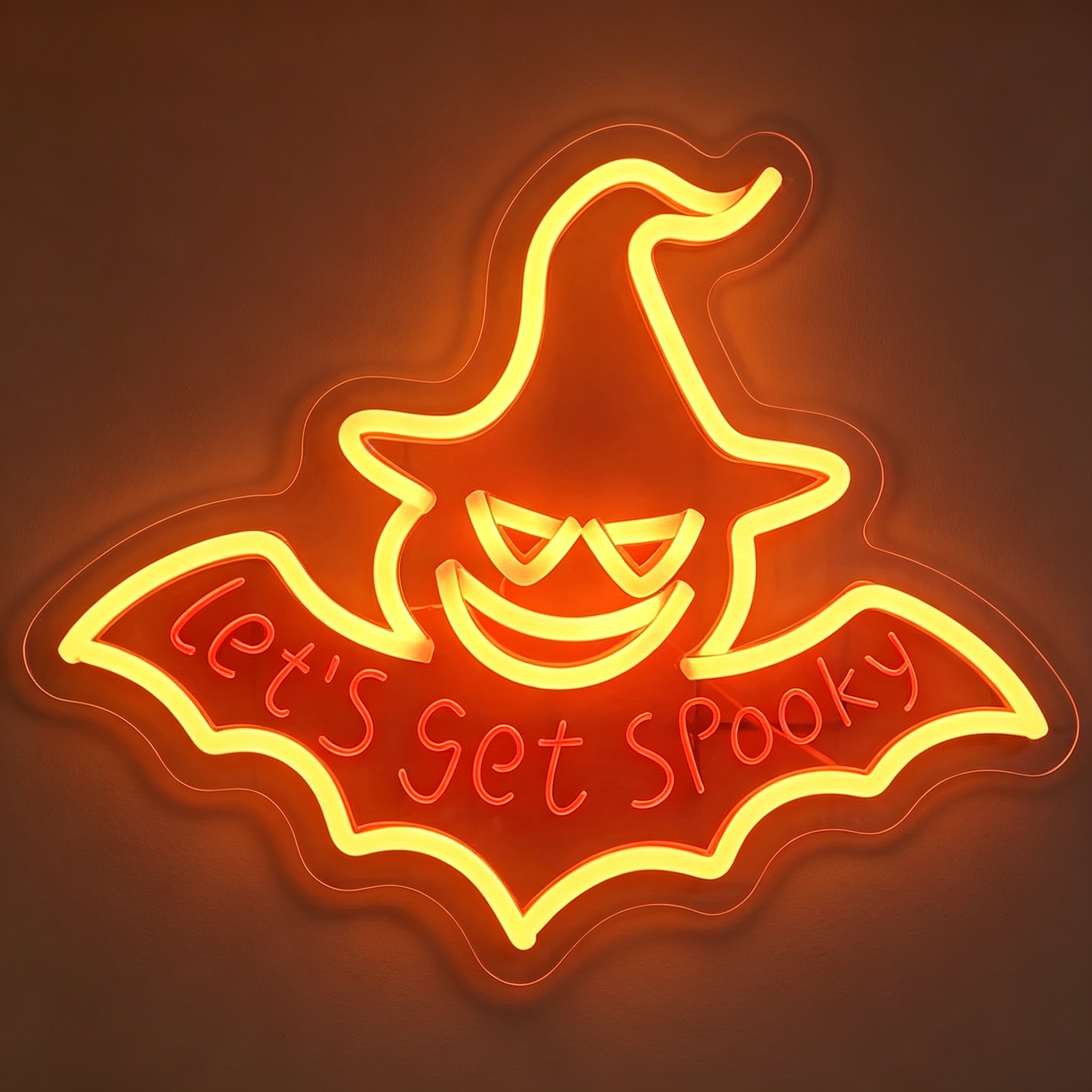 Let's Get Spooky Bat with Witch Hat Halloween Neon Sign