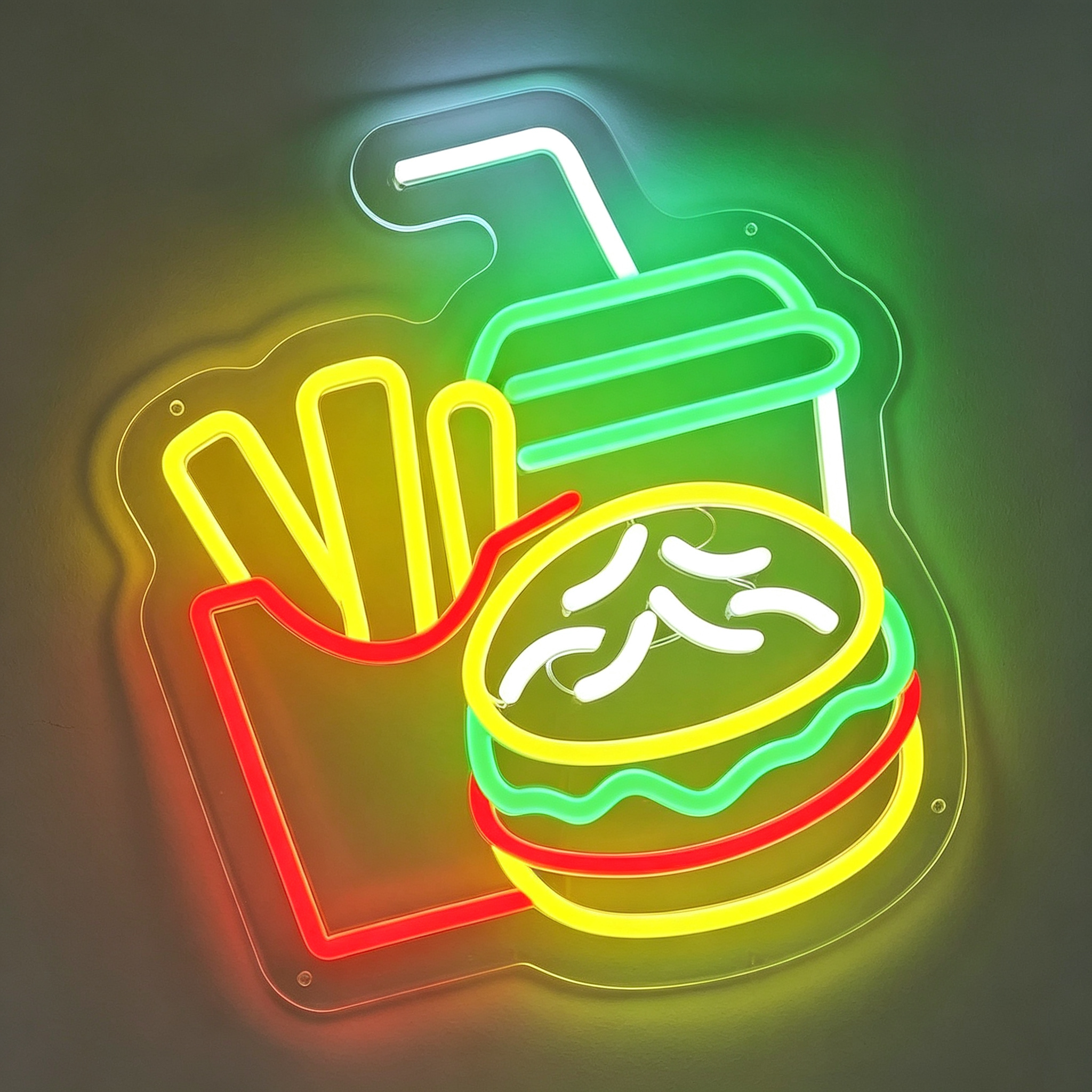 Burger Fries and Soda Combination Fast Food Neon Sign
