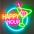 Happy Hour with Martini Glass Circular Neon Sign