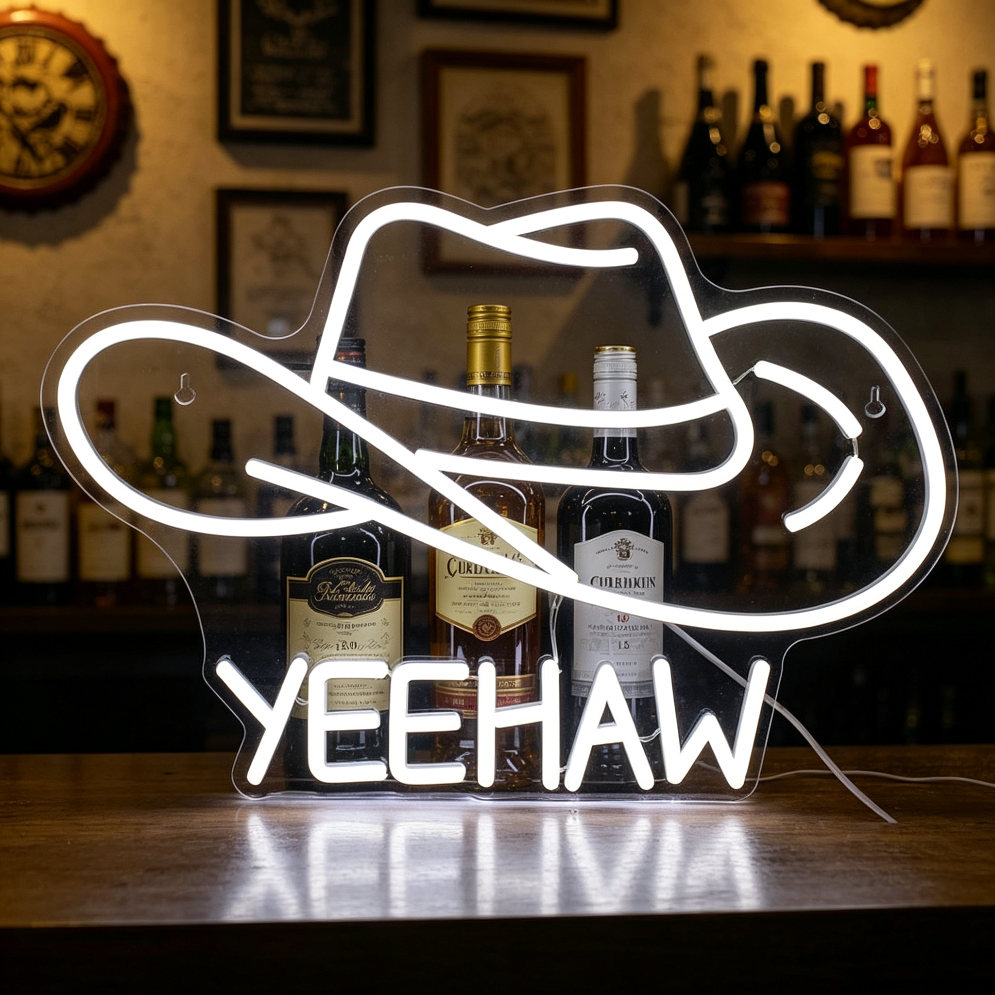 Yeehaw With Cowboy Hat Outline LED Neon Sign