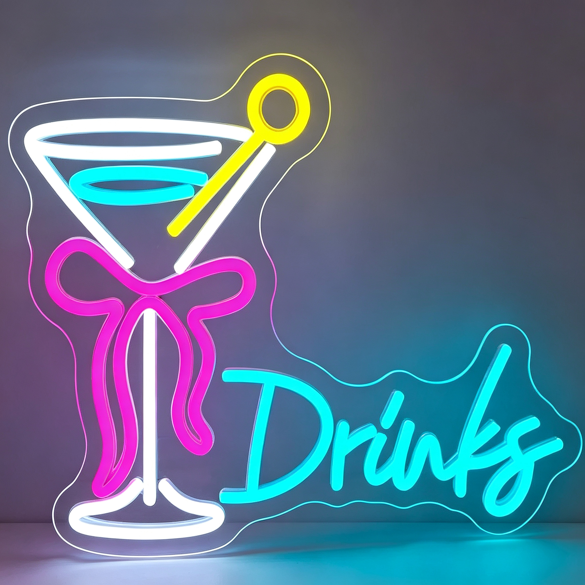 Martini Glass with Pink Bow Tie "Drinks" Neon Sign