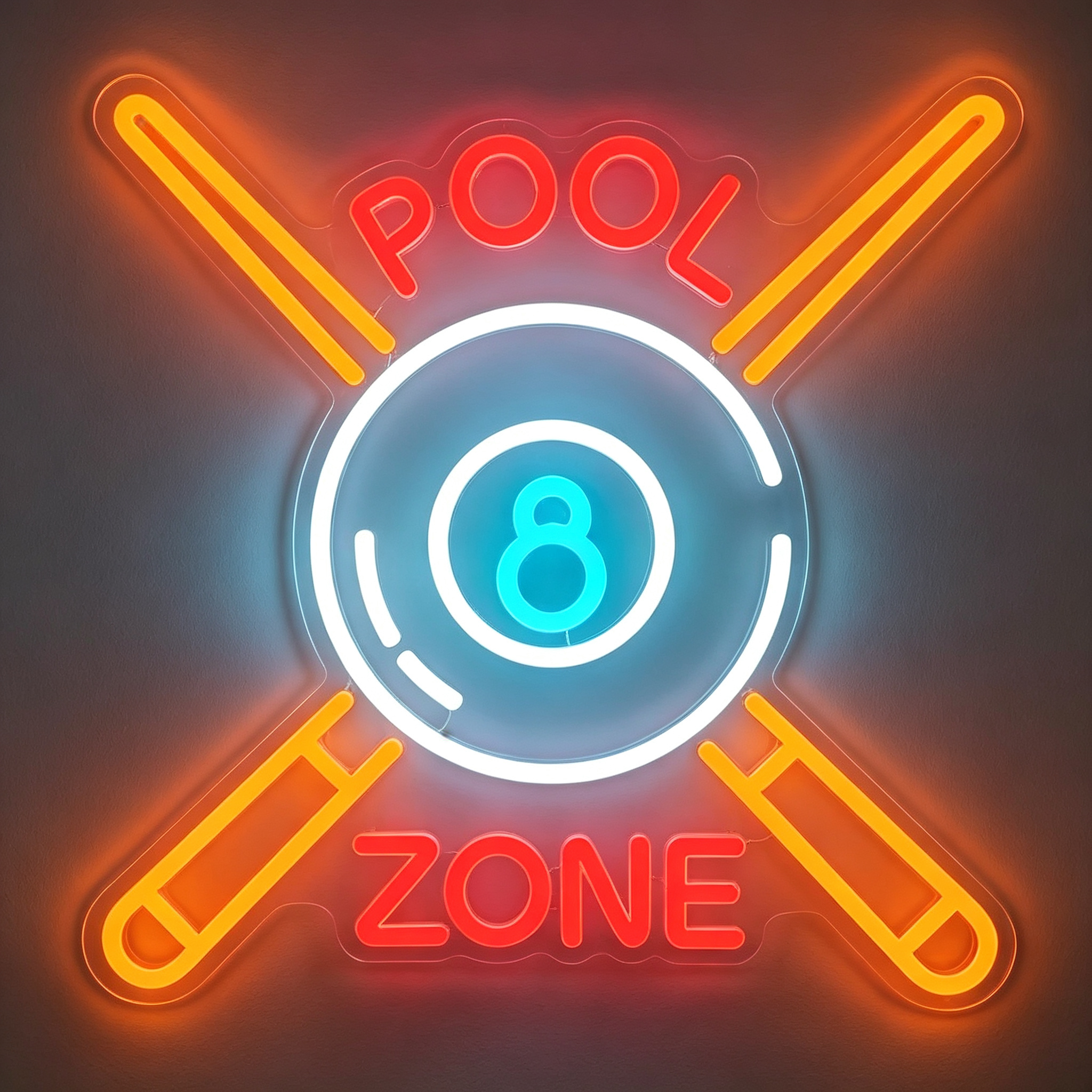 Pool Zone 8-Ball with Crossed Billiard Cues Neon Sign
