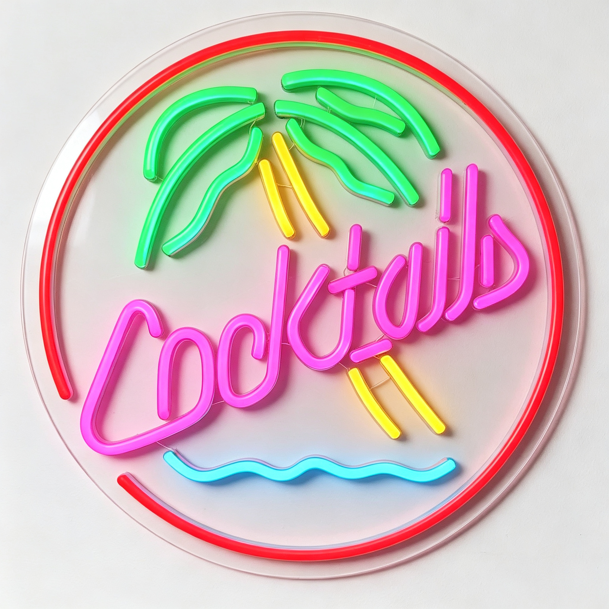 Cocktails Palm Tree Tropical Circle Neon Sign