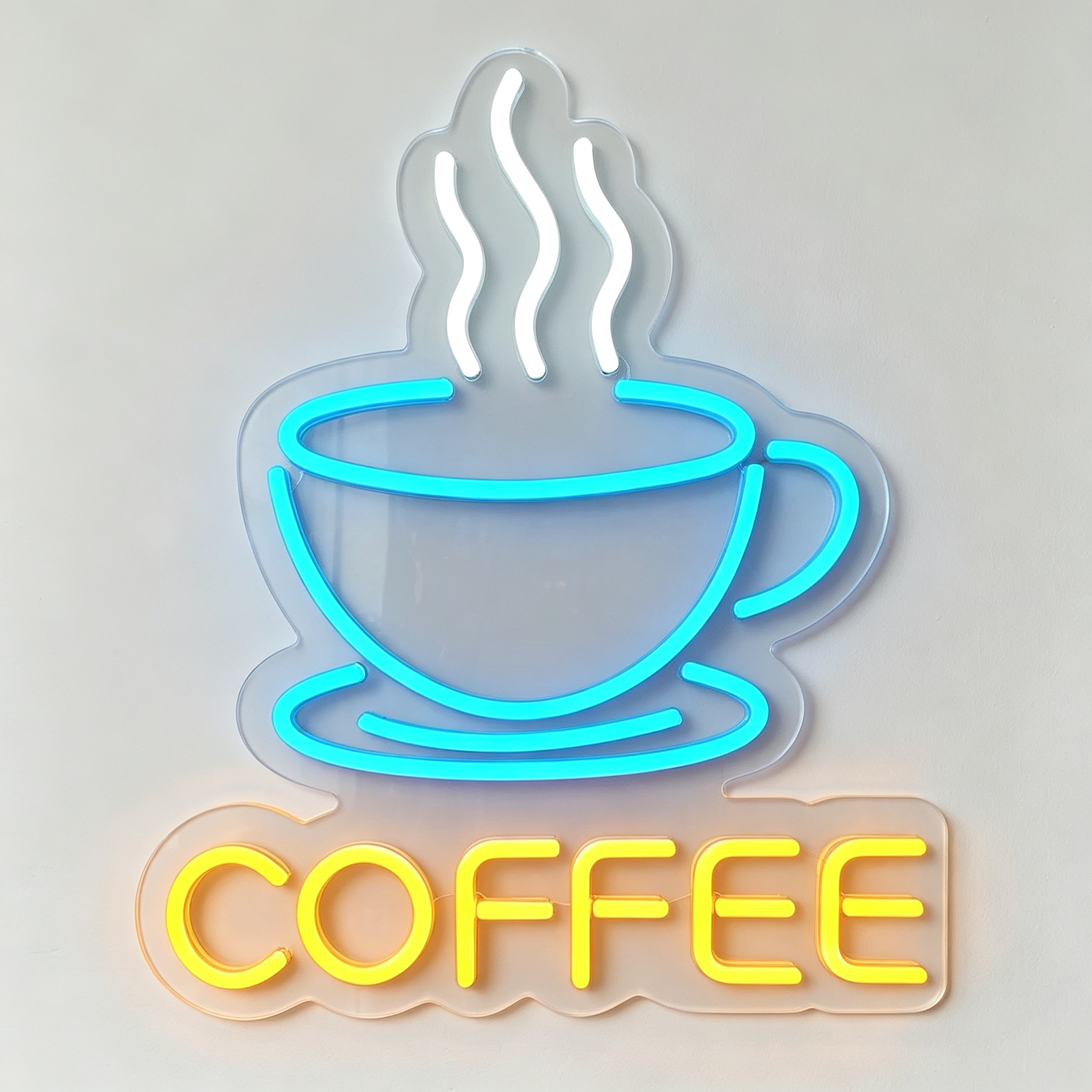 Coffee Cup with Steam and COFFEE Text Below Neon Sign