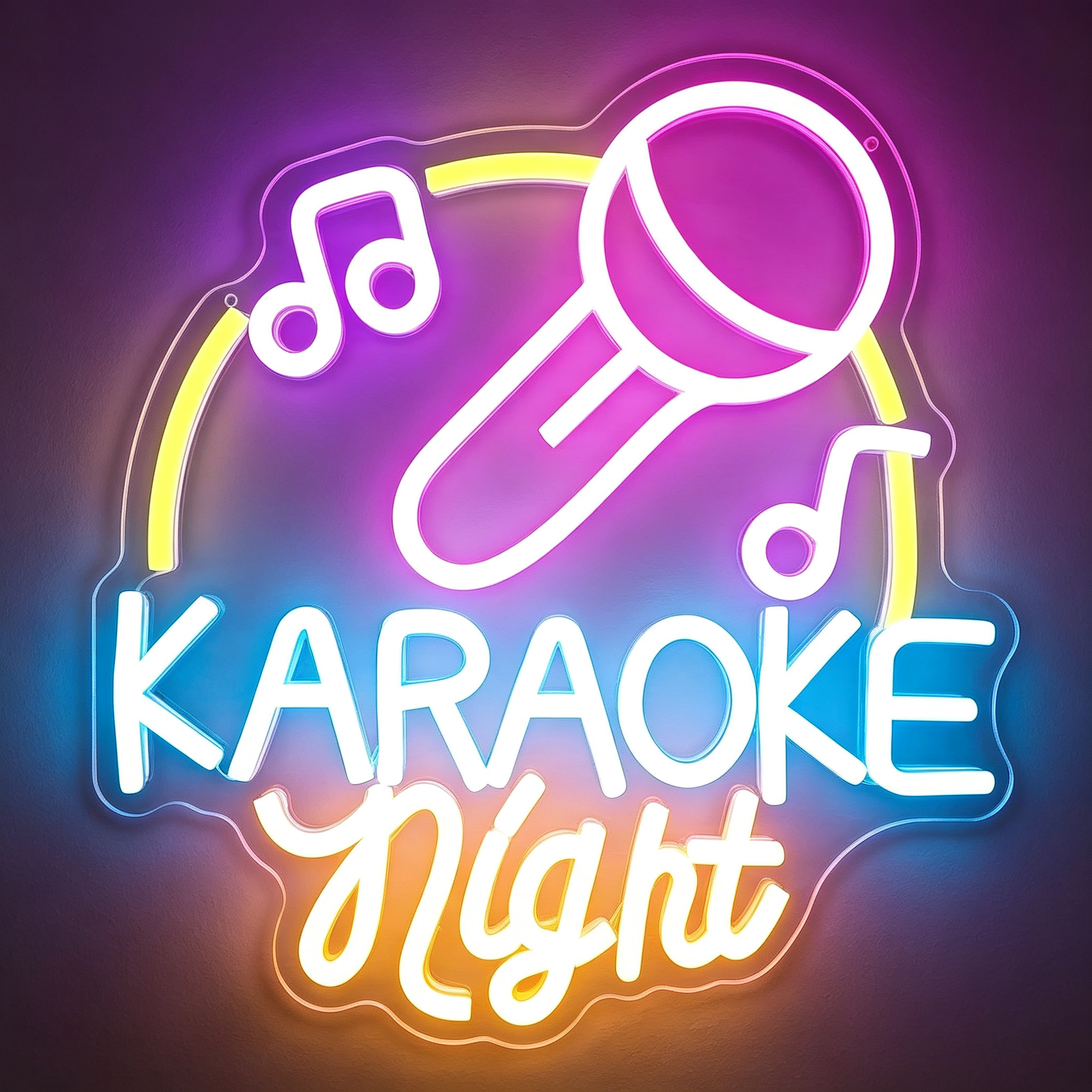 Karaoke Night with Microphone and Music Notes Neon Sign