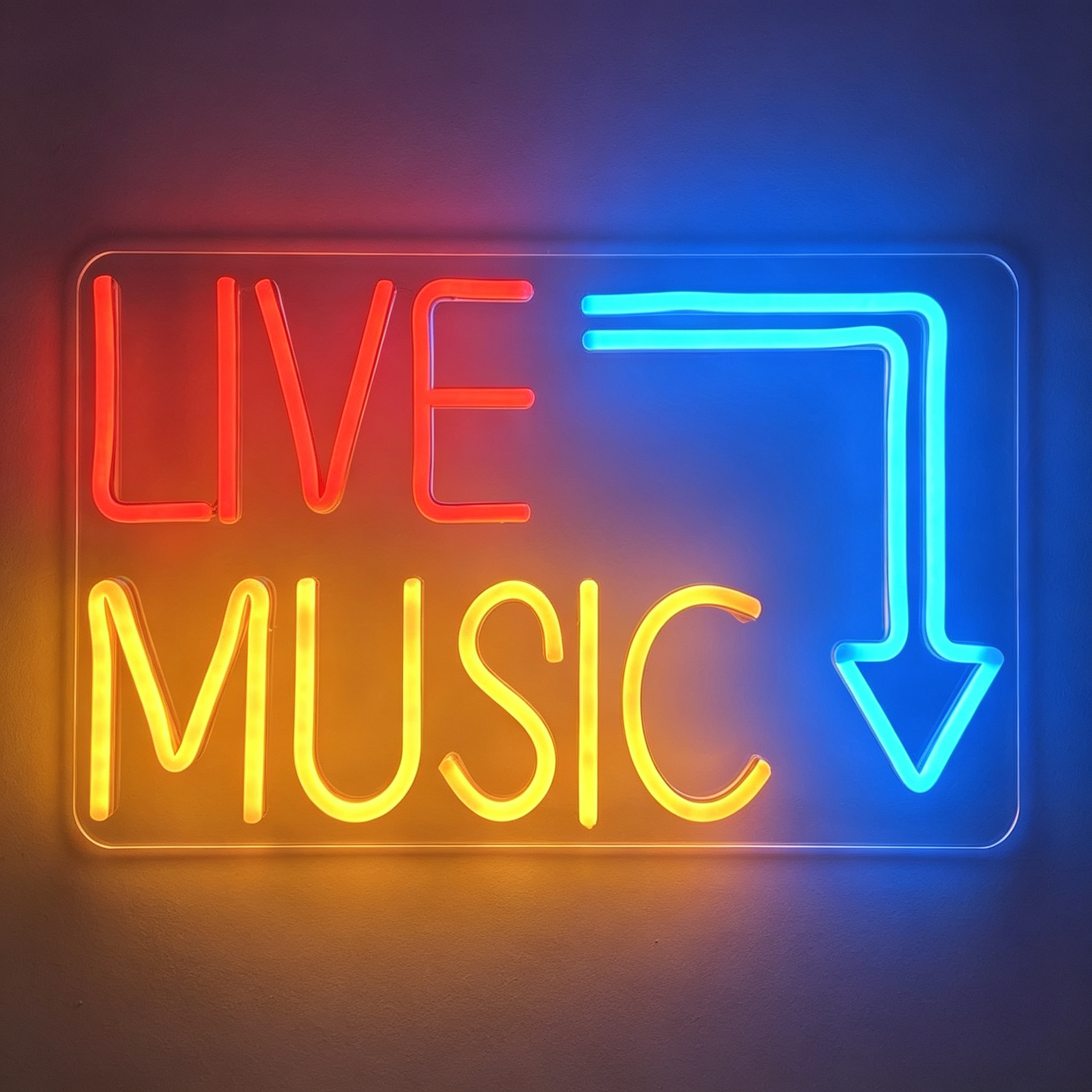 Live Music with Right Down Arrow Directional Neon Sign