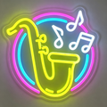 Yellow Saxophone with White Music Notes Circular Neon Sign